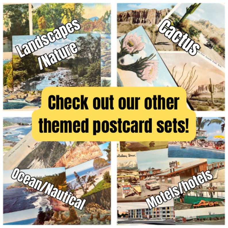 Puede incluir: Un collage de postales vintage con diferentes temas, incluyendo paisajes, naturaleza, cactus, oc&eacute;ano, n&aacute;utica, moteles y hoteles. El texto "&iexcl;Echa un vistazo a nuestros otros conjuntos de postales tem&aacute;ticas!" se muestra en el centro de la imagen.