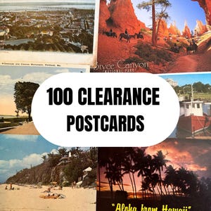 May include: A collection of 100 clearance postcards featuring various scenic locations. The postcards are arranged in a collage format, with some showing landscapes, cityscapes, and beaches. The text "100 Clearance Postcards" is prominently displayed in the center of the image.