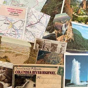 May include: A collection of vintage postcards featuring scenic views of national parks. The postcards include images of Carlsbad Caverns National Park, Yellowstone National Park, and Columbia River Highway. The postcards are in various shades of brown, green, and blue.