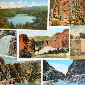 May include: A collection of vintage postcards featuring scenic landscapes. The postcards depict a lake surrounded by trees, a waterfall cascading down a rocky cliff, a red rock formation, a canyon with a river running through it, and a desert scene with a cactus.