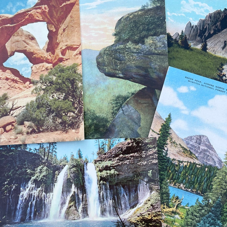 Puede incluir: Una colecci&oacute;n de postales antiguas con paisajes esc&eacute;nicos. Las postales muestran un arco de piedra natural, un acantilado rocoso con vistas a un valle y una cascada que cae por un acantilado rocoso. Las postales est&aacute;n en buen estado con alg&uacute;n desgaste.