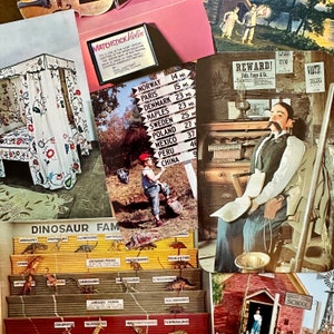 May include: A collage of vintage images featuring a miniature four-poster bed with floral embroidery, a sign with distances to various cities in miles, a man in a suit sitting in a chair, and a dinosaur family chart with names of different species.