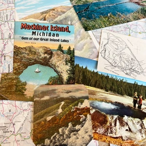 May include: A collection of vintage postcards featuring scenic views of Mackinac Island, Michigan, including a natural stone archway, a map of the island, and a view of the Straits of Mackinac.