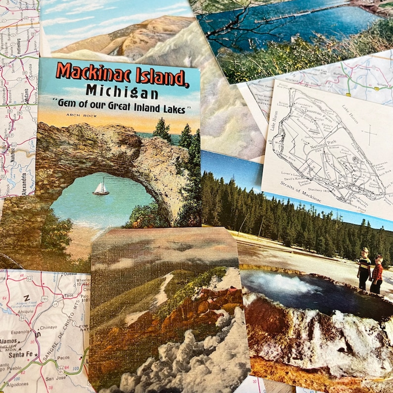 May include: A collection of vintage postcards featuring scenic views of Mackinac Island, Michigan, including a natural stone archway, a map of the island, and a view of the Straits of Mackinac.