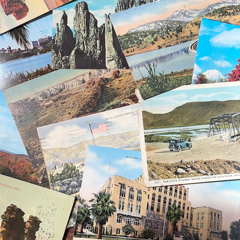 May include: A collection of vintage postcards featuring various scenic locations, including a bridge over a river, a mountain range, and a building with a sign that reads "Maricopa County".