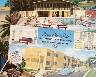 May include: Vintage postcard advertising the Perry Plaza Motel in Hot Springs National Park, Arkansas. The postcard features a yellow motel building with a swimming pool and a blue sky.
