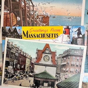 May include: Vintage postcard featuring a colorful illustration of a clock tower and buildings in a city. The postcard says "Greetings from Massachusetts" and includes a map of the state.