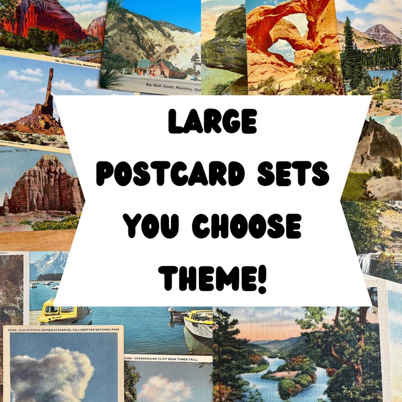 May include: A collage of vintage postcards featuring scenic landscapes, including mountains, waterfalls, and rock formations. The text "LARGE POSTCARD SETS YOU CHOOSE THEME!" is superimposed on the image.