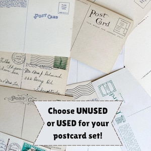 May include: A close-up of a stack of vintage postcards, some with handwritten addresses and stamps. The text on the bottom reads "Choose UNUSED or USED for your postcard set!"