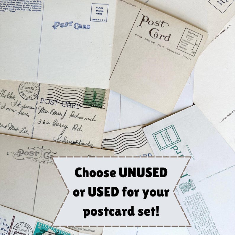 May include: A close-up of a stack of vintage postcards, some with handwritten addresses and stamps. The text on the bottom reads "Choose UNUSED or USED for your postcard set!"
