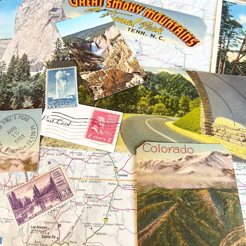 May include: A collage of vintage postcards featuring scenic views of mountains and landscapes. The postcards include images of Great Smoky Mountains National Park, Colorado, and a mountain range in New Mexico. The postcards are arranged in a random pattern and include text such as "Great Smoky Mountains National Park, Tenn. N.C." and "Colorado".