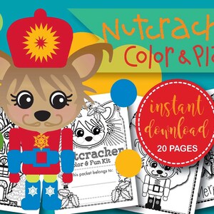 May include: A black and white coloring book featuring a Nutcracker character. The cover shows a cartoon Nutcracker with a red hat and blue boots. The title of the book is "Nutcracker Color & Play" and it includes the text "instant download 20 pages".