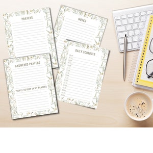 May include: Four printable pages with a green olive branch border. The pages are titled "Prayers", "Answered Prayers", "People to Keep in My Prayers", and "Daily Schedule". The Daily Schedule page has a list of times from 00:00 to 14:00.