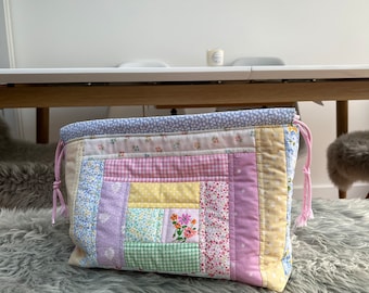LARGE patchwork  drawstring crochet knitting project bag  / toiletry bag