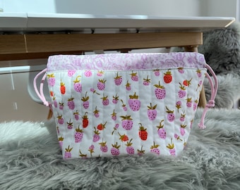 Medium strawberry quilted project crochet knitting  bag / toiletry bag - made to order