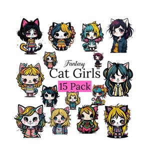 Colourful Fantasy Catgirl Clipart, Catgirl Png, Catgirl Clipart, PNG Digital, Paper Crafts, stickers