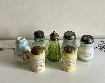 Collection Of 6 Victorian Painted Milk Glass Shakers And One Green Glass Shaker