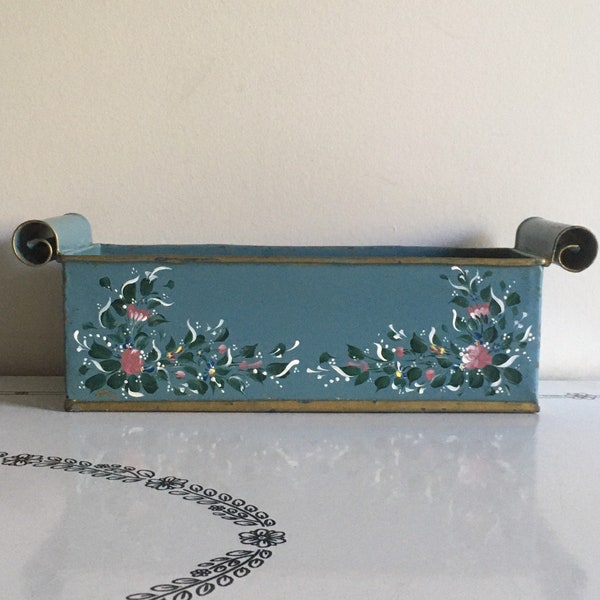 Vintage Hand Painted Floral Shabby Blue Toleware Planter Container