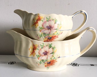 Pair Of Antique J & G Meakin "Sunshine" Pink Floral Pattern Gravy Boat And Creamer