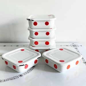 Vintage White Enamel Red Polka Dot Set Of 6 Stacking Containers