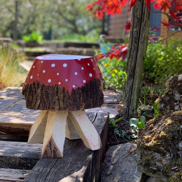 Red Mushroom Toadstool Fly Agaric Mushroom Wooden Stool Mushroom Chair Handcrafted Red Mushroom Wooden Stool Toadstool Fly Agaric Chair