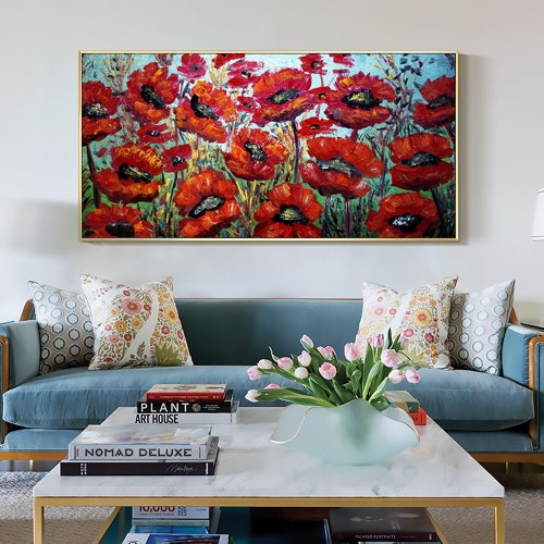 Abstract Red Blossom Floral Oil Painting on Canvas, Large Original shops Textured Flower Landscape Modern Painting Boho Wall Art Living Room Decor
