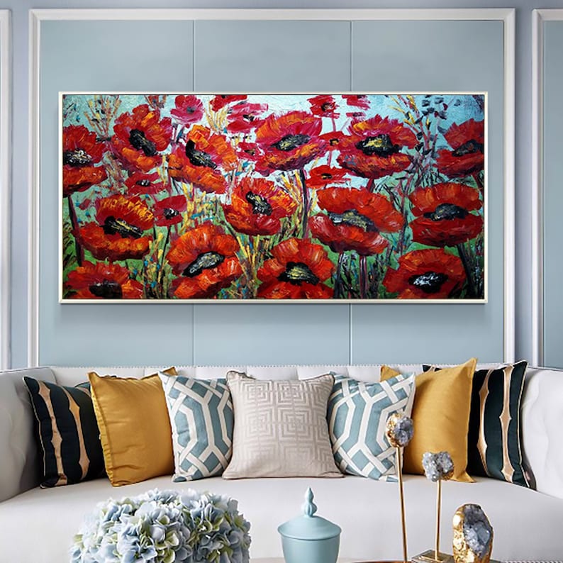 Abstract Red Blossom Floral Oil Painting on Canvas, Large Original shops Textured Flower Landscape Modern Painting Boho Wall Art Living Room Decor