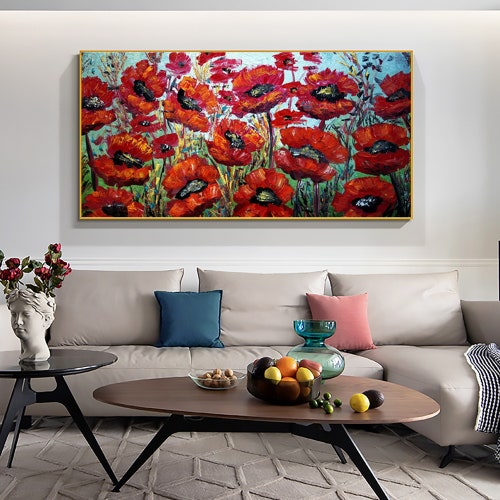 Abstract Red Blossom Floral Oil Painting on Canvas, Large Original shops Textured Flower Landscape Modern Painting Boho Wall Art Living Room Decor
