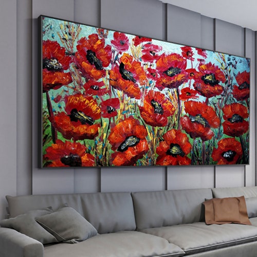 Abstract Red Blossom Floral Oil Painting on Canvas, Large Original shops Textured Flower Landscape Modern Painting Boho Wall Art Living Room Decor