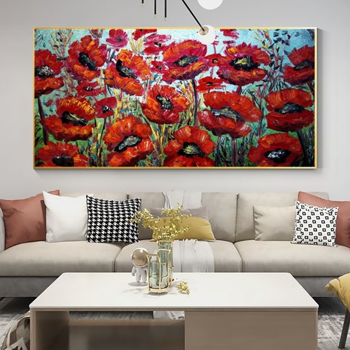 Abstract Red Blossom Floral Oil Painting on Canvas, Large Original shops Textured Flower Landscape Modern Painting Boho Wall Art Living Room Decor