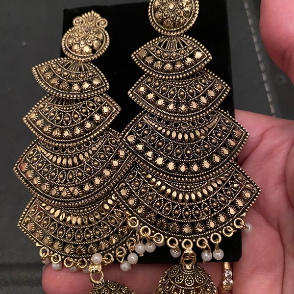 Antique Gold Brass dangly earrings with Jhumka base