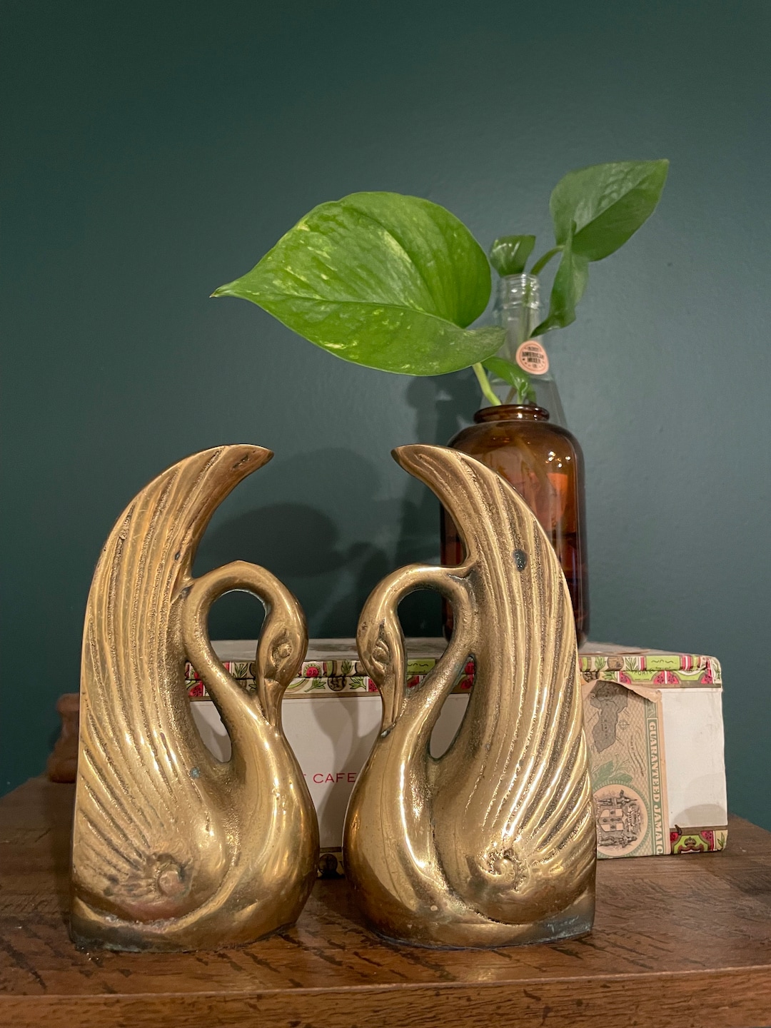Pair of Vintage Cast Brass Art Deco Swan Bookends With Aging Etsy