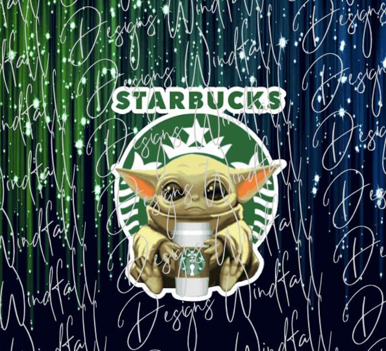 May include: A green Starbucks logo with a white star and a cartoon image of a green alien holding a cup of coffee. The text "STARBUCKS" is above the logo.