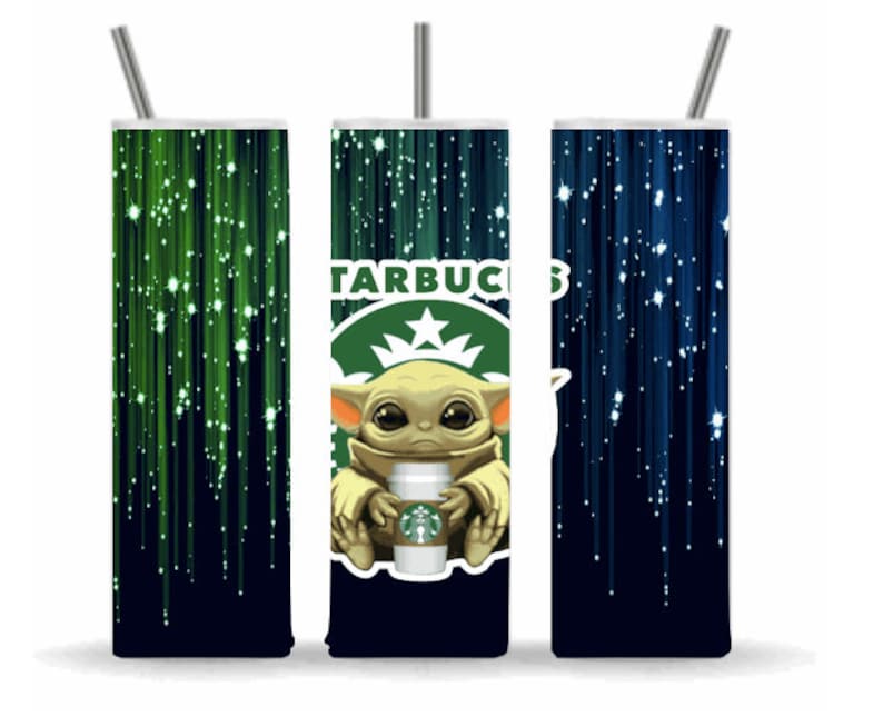 May include: A green and blue tumbler with a white straw and a graphic of a cartoon character holding a Starbucks cup. The character is green and has large ears. The background is a dark blue with green and white streaks.