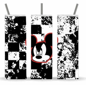 May include: Three black and white checkered tumblers with a red and black Mickey Mouse head graphic. The tumblers have a black and white splatter paint design.
