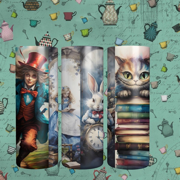 Alice in Wonderland 20 oz Stainless Steel Tumbler, Mad Hatter, Cheshire Cat, Queen of Hearts, The Caterpillar, The White Rabbit, Fairy Tale