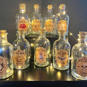 New 8oz Glass Halloween Potion Bottles w/labels, 9 Different Potion Bottles to Choose from.