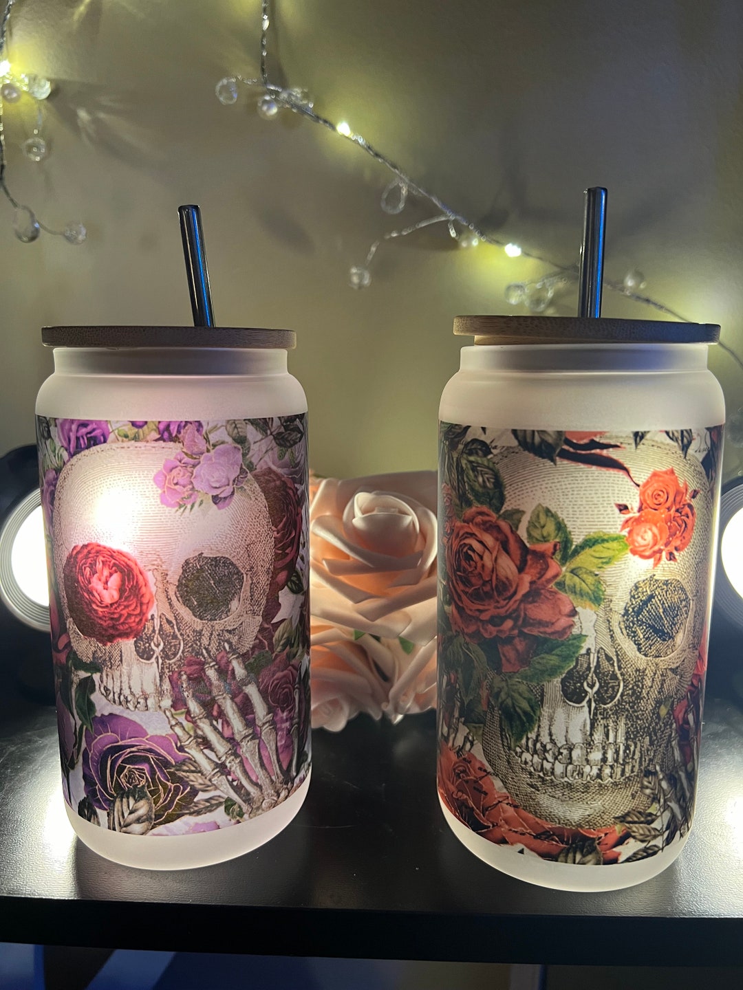 Personalized Skull and Roses 16oz Frosted Glass Libbey Tumbler Jar