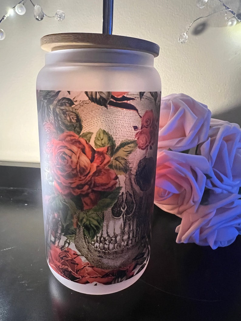Personalized Skull and Roses 16oz Frosted Glass Libbey Tumbler Jar