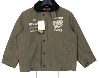 Kurtka płócienna Vintage Hysteric Glamour z wyblakłym słońcem dla dzieci, z dużym logo i zapięciem na guziki, japońska marka, rozmiar 140