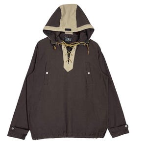 May include: A brown hooded jacket with a beige hood and neckline. The jacket features a lace-up closure at the neckline, two front pockets, and buttoned cuffs. The hood has the letters "DG" printed on it.
