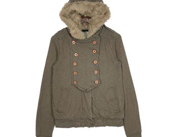 May include: Olive green hooded jacket with a faux fur-lined hood. The jacket features a double-breasted design with wooden buttons and two front pockets. The cuffs and hem are ribbed.