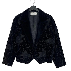 Vintage Designer Coat Blazer Women Suede Velvet Jacket Full Flower Designer Italy Size S