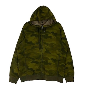 Vintage Uniqlo Hoodie Camouflage Green Sherpa Fleece Jacket Zipper Pull Over Japanese Brand Size L