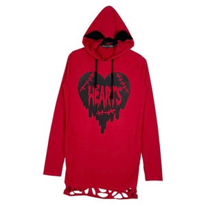 May include: Red hoodie with a black graphic of a heart with the word "HEARTS" printed on it. The hoodie has a hood with black accents and a drawstring. The bottom hem has a distressed design.