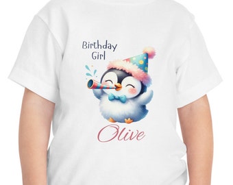 Custom Toddler Kid Birthday Girl Name T-shirt | Cute Party Penguin Tshirt Personalized with Child's Name | Awesome Toddler Birthday Gift!