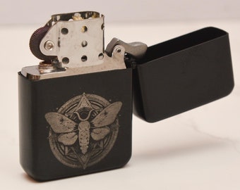 Mystical Moth Engraved Stainless Steel Lighter – Gothic Insect Design, Witchy Gift, Refillable Black Matte Lighter for Whimsical Decor