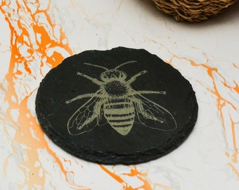 Honey Bee Slate Coaster: Laser Engraved Rustic Decor, Handmade in UK