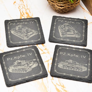 May include: Four black slate coasters with a white outline of a tank and the text "Pz.Kpfw. IV" on each coaster.