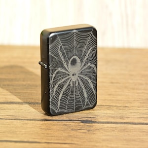 WhimsyGoth Spider Web Lighter, Gothic Refillable Lighter, Laser Engraved Stainless Steel Gift, Witchy whimsical petrol style flip Lighter.